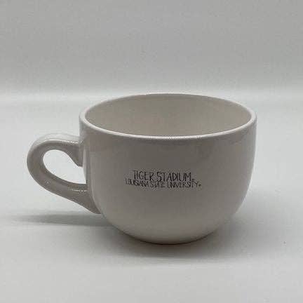 FULL MOOD 24 oz ceramic gumbo mug featuring Tiger Stadium Louisiana State University art in white