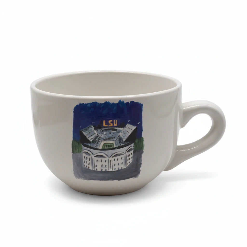 FULL MOOD 24 oz ceramic gumbo mug featuring original Tiger Stadium art by Paul Schexnayder on a white background