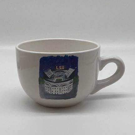 FULL MOOD 24 oz ceramic gumbo mug featuring LSU Tiger Stadium artwork by Paul Schexnayder, dishwasher safe