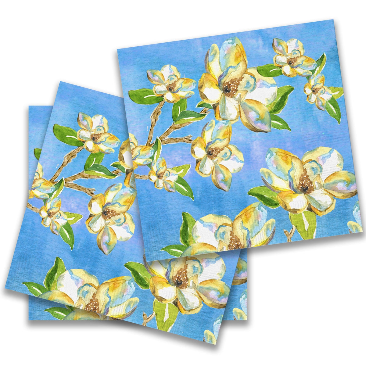 FULL MOOD Magnolia cocktail napkins featuring hand-painted yellow flowers on a blue background, eco-friendly paper.