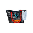 FULL MOOD Mini Market tote bag in black open-grid plastic with vibrant orange rope handles and a blue accent ring.