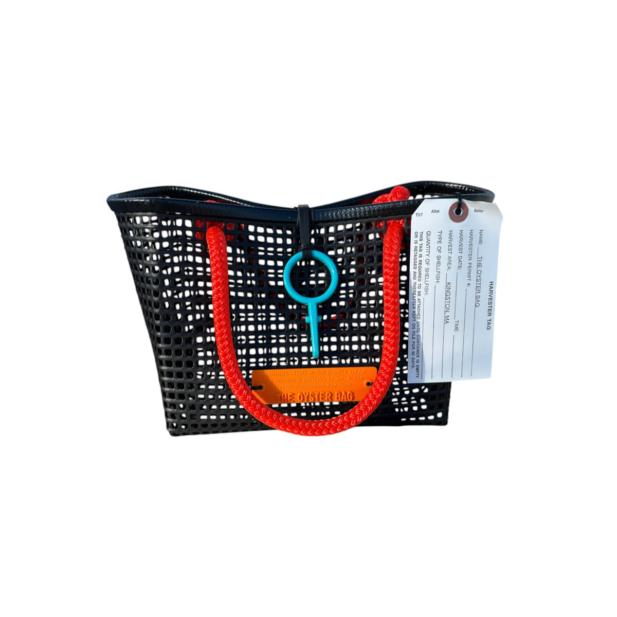 FULL MOOD Mini Market tote bag in black open-grid plastic with vibrant orange rope handles and a blue accent ring.