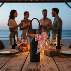 FULL MOOD Oyster Black wine caddy made from durable aquaculture material with a decorative colorful bow on a table.