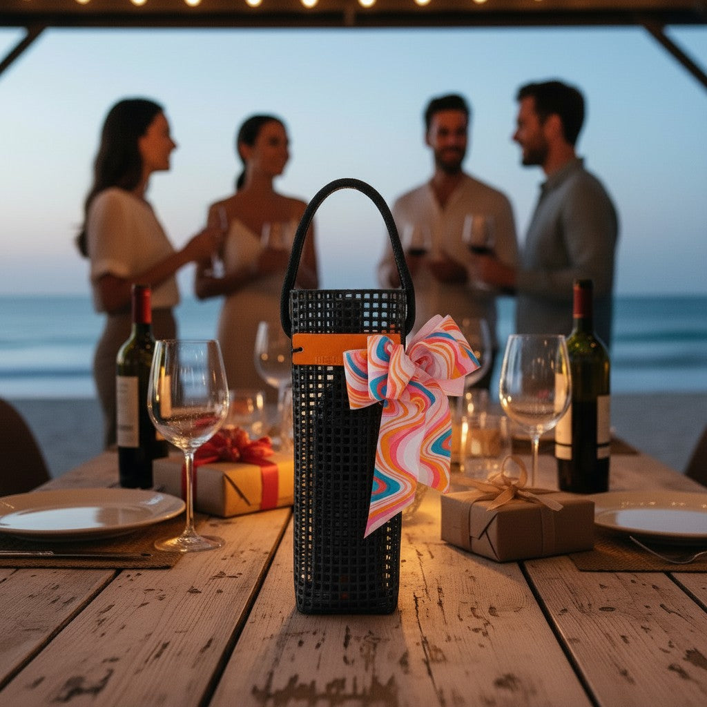 FULL MOOD Oyster Black wine caddy made from durable aquaculture material with a decorative colorful bow on a table.