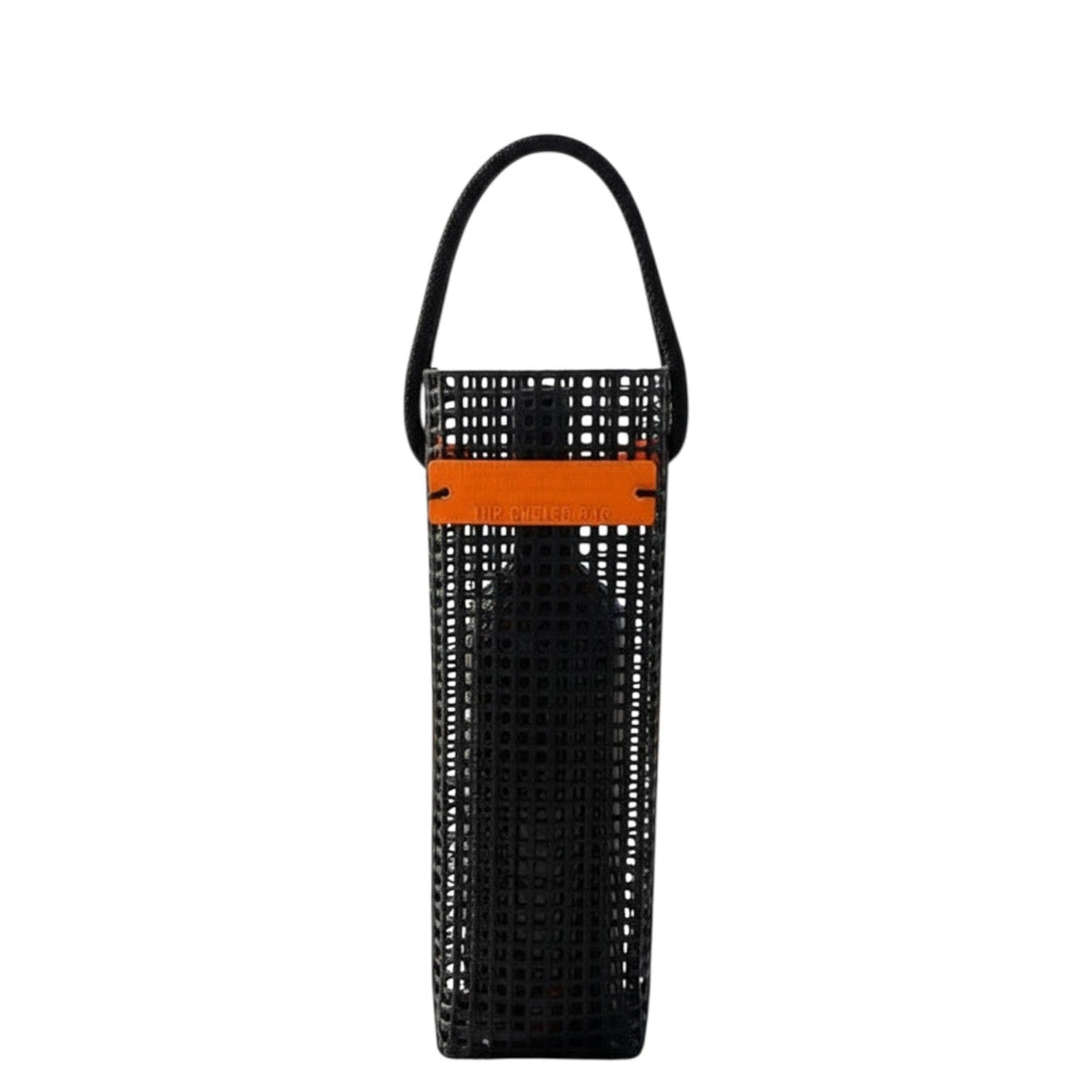 FULL MOOD oyster black wine caddy made from durable aquaculture mesh with a sturdy handle and orange accent tag
