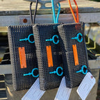 FULL MOOD The Clutch oyster bags in black mesh with vibrant blue and orange rope handles and plastic toggles.