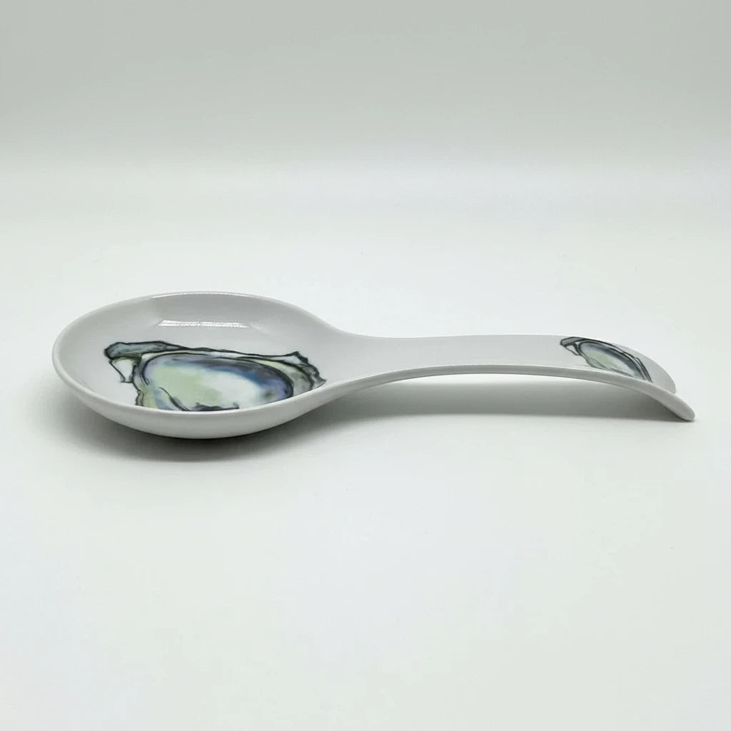 FULL MOOD white porcelain oyster spoon rest with a painted shell design for kitchen countertop organization
