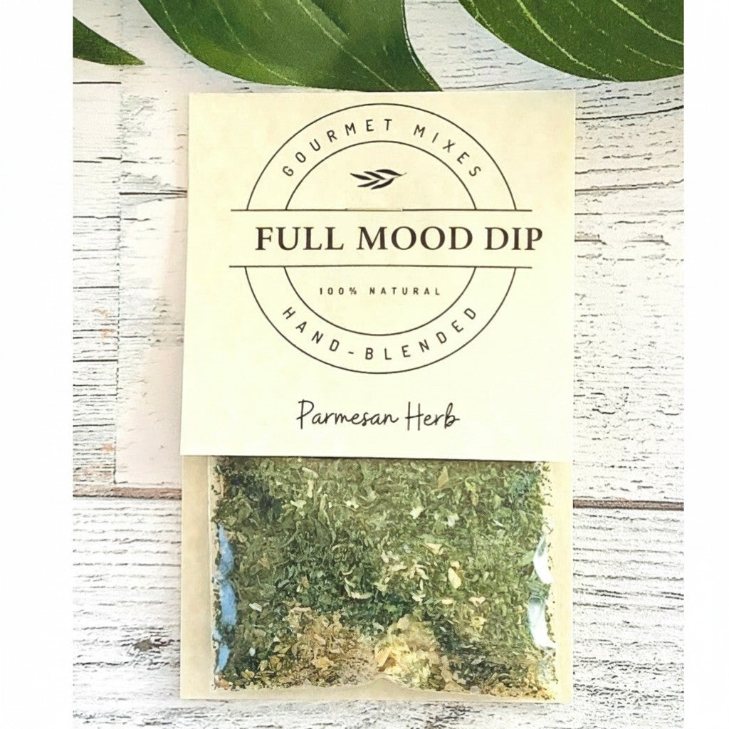 FULL MOOD Parmesan Herb seasoning dip mix packet with dried herbs and cheese on a rustic white wooden background