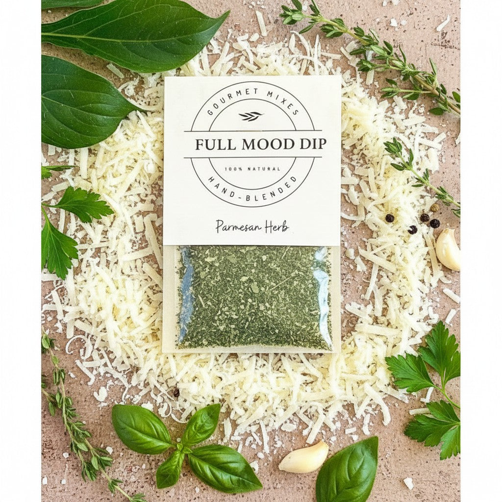 FULL MOOD Parmesan Herb seasoning mix packet surrounded by fresh herbs, garlic, and shredded parmesan cheese.