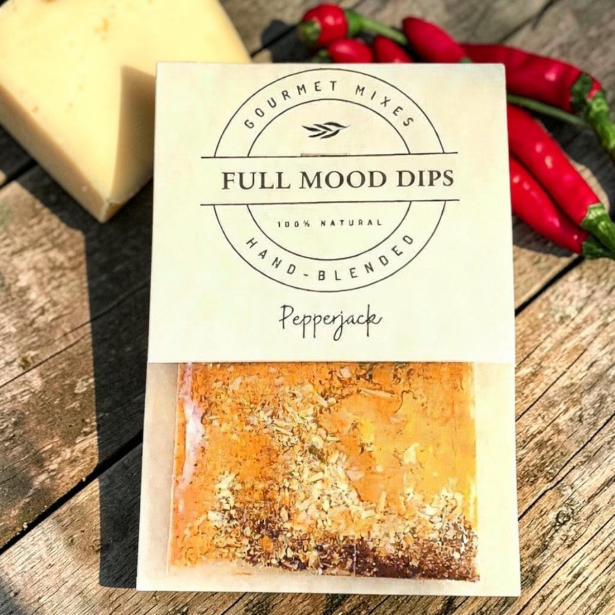 FULL MOOD Pepperjack seasoning dip mix in a clear packet with visible dried peppers, spices, and cheddar cheese.