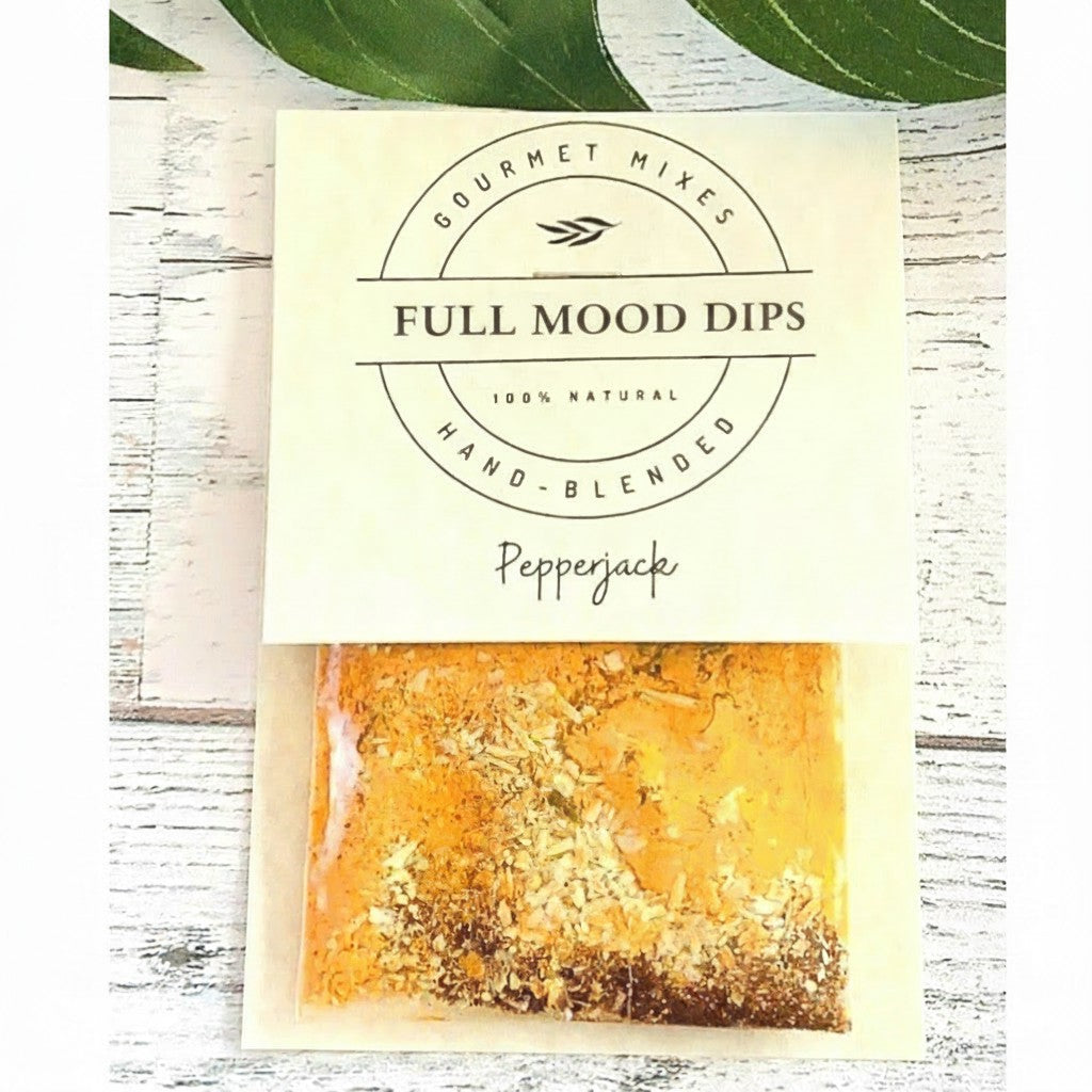 FULL MOOD Pepperjack seasoning dip mix in a clear packet with a branded label featuring garlic and chili spices.