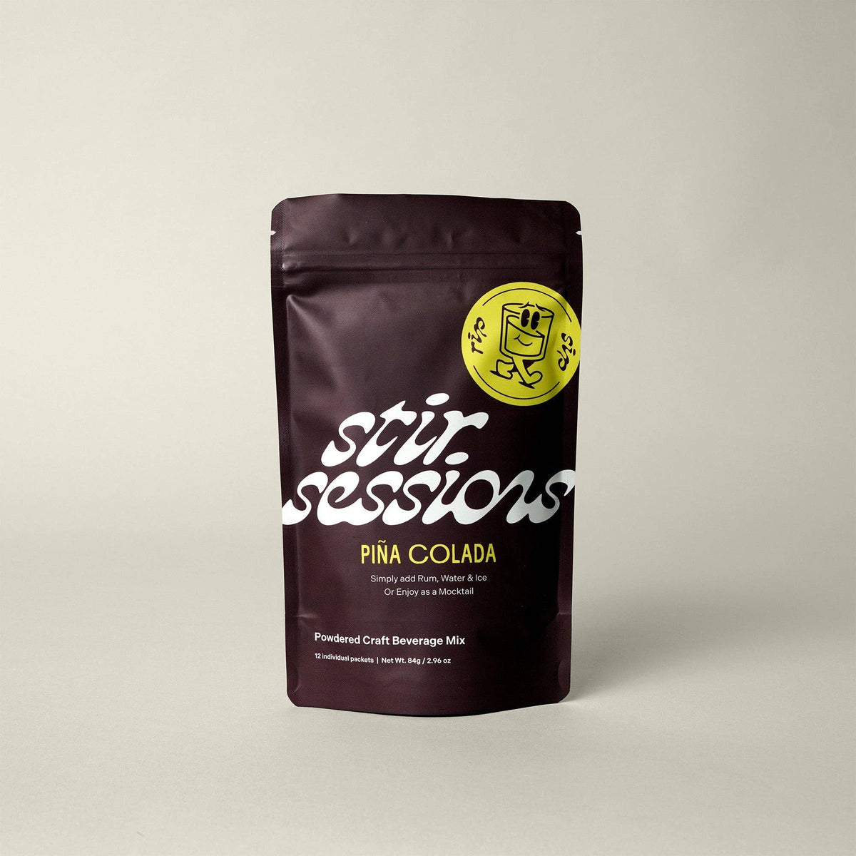 FULL MOOD Stir Sessions Pina Colada cocktail mix pouch with a yellow sticker featuring a cartoon glass character.