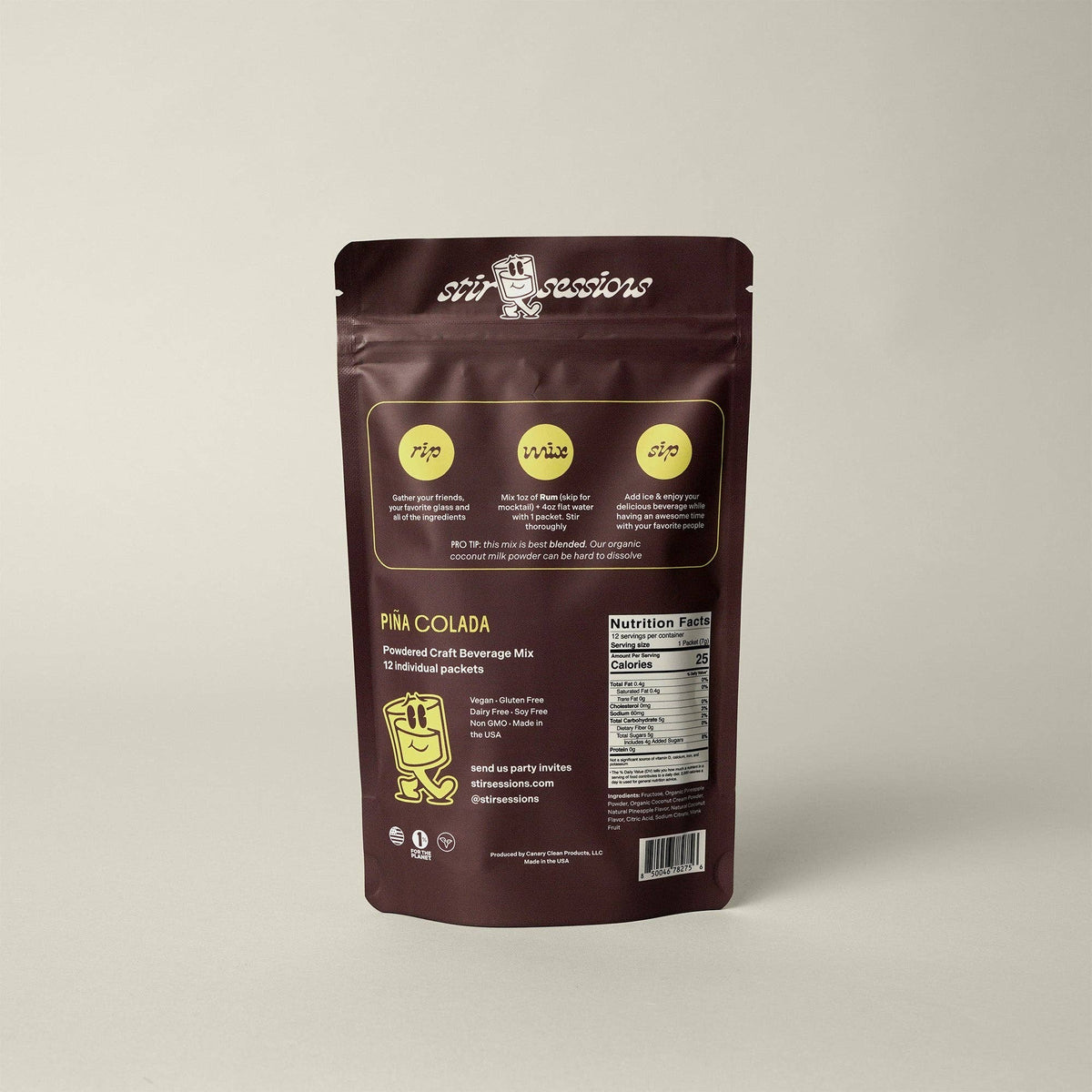 FULL MOOD Stir Sessions Pina Colada cocktail mix pouch showing instructions and nutrition facts on the back.