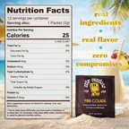 FULL MOOD Stir Sessions Pina Colada cocktail mix packet next to a nutrition facts label on a tropical beach background