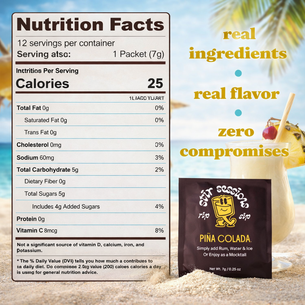 FULL MOOD Stir Sessions Pina Colada cocktail mix packet next to a nutrition facts label on a tropical beach background