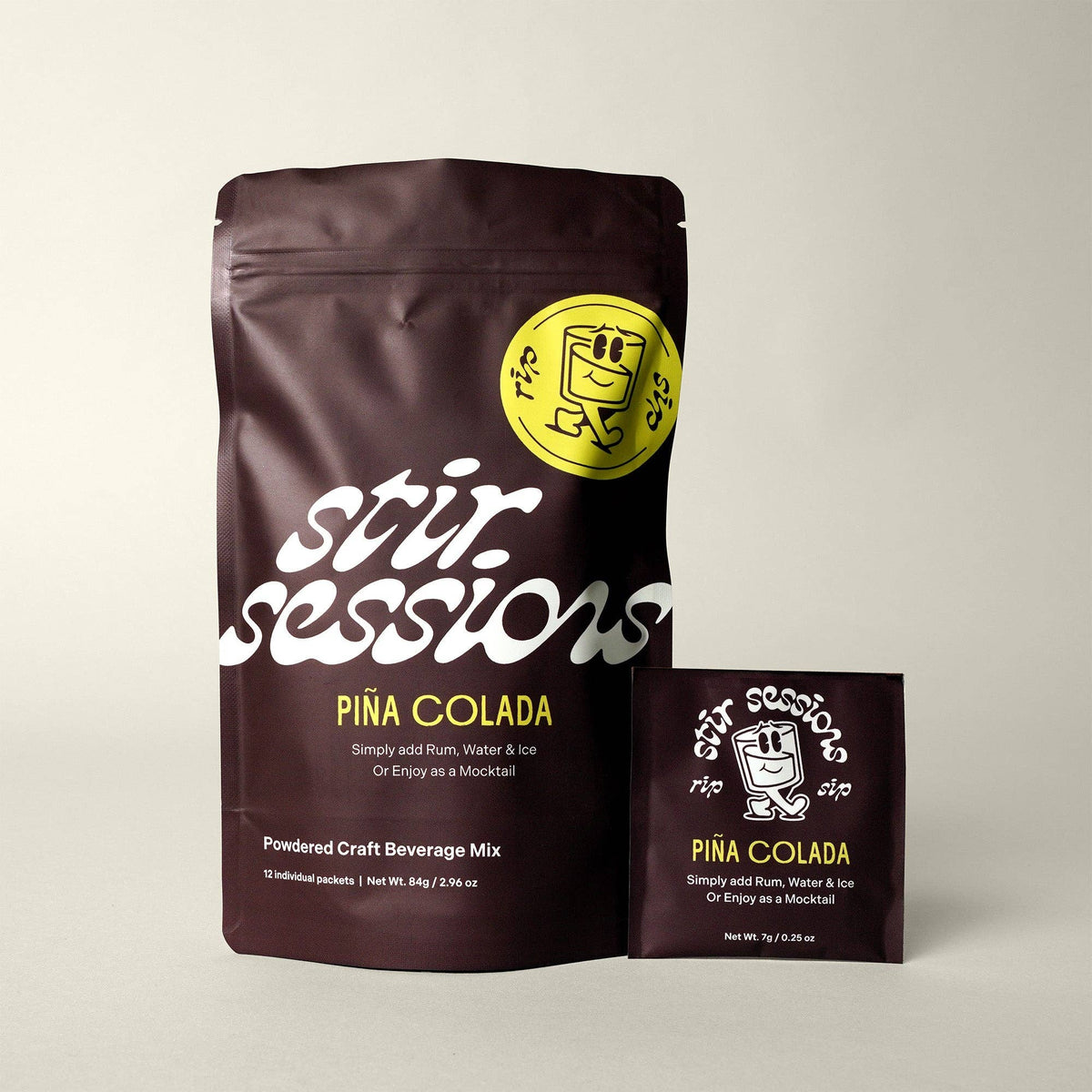 FULL MOOD Stir Sessions Pina Colada craft cocktail mix pouch and single serving packet on a neutral background.