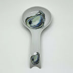 FULL MOOD white porcelain oyster spoon rest with blue and green oyster shell illustrations for kitchen organization