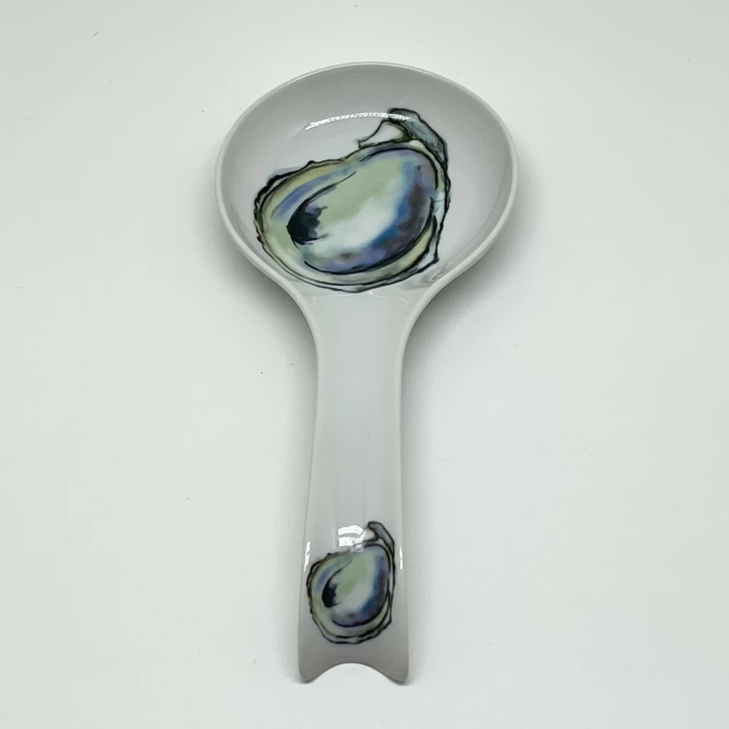 FULL MOOD white porcelain oyster spoon rest with blue and green oyster shell illustrations for kitchen organization