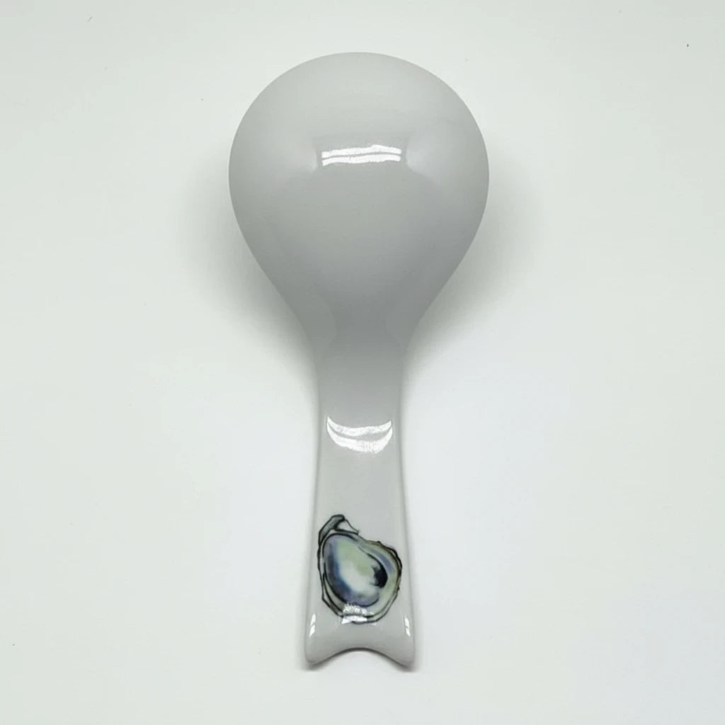 FULL MOOD white porcelain oyster spoon rest with a decorative oyster shell motif on the handle