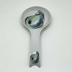 FULL MOOD white porcelain oyster spoon rest with blue and green shell illustrations for kitchen countertop organization