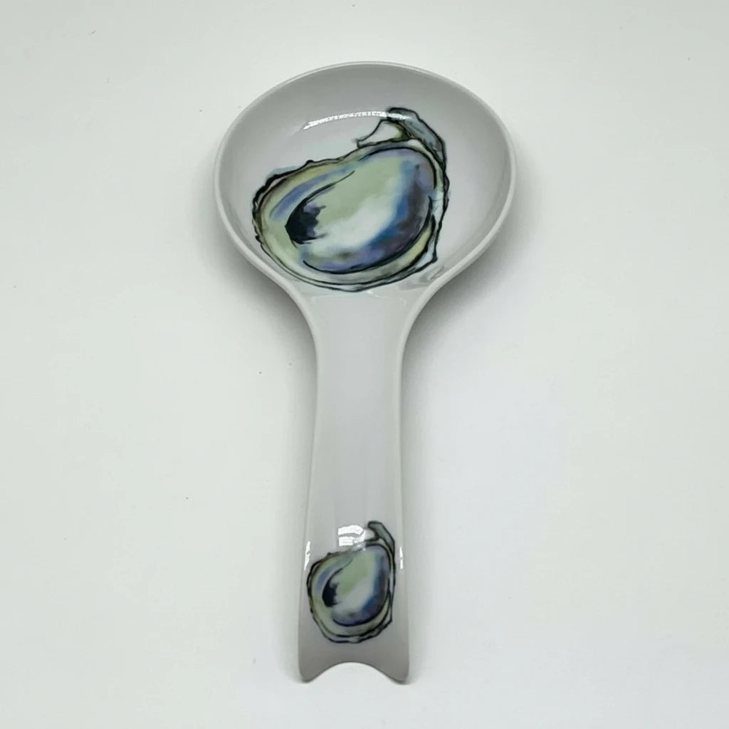 FULL MOOD white porcelain oyster spoon rest with blue and green shell illustrations for kitchen countertop organization