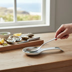 FULL MOOD porcelain oyster spoon rest on a wooden kitchen counter with a hand placing a metal spoon inside