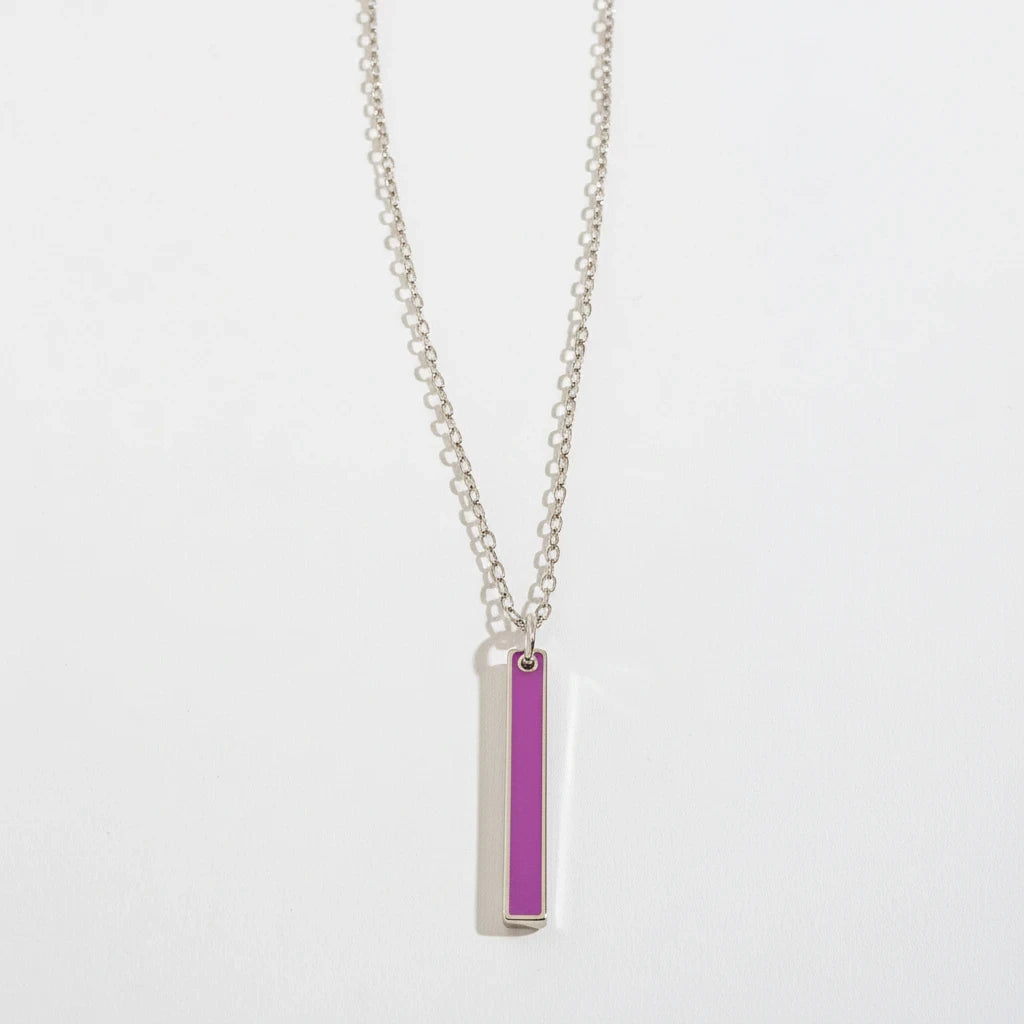 FULL MOOD Queen vertical bar pendant necklace in vibrant purple enamel on a delicate silver chain, 18 inches long.