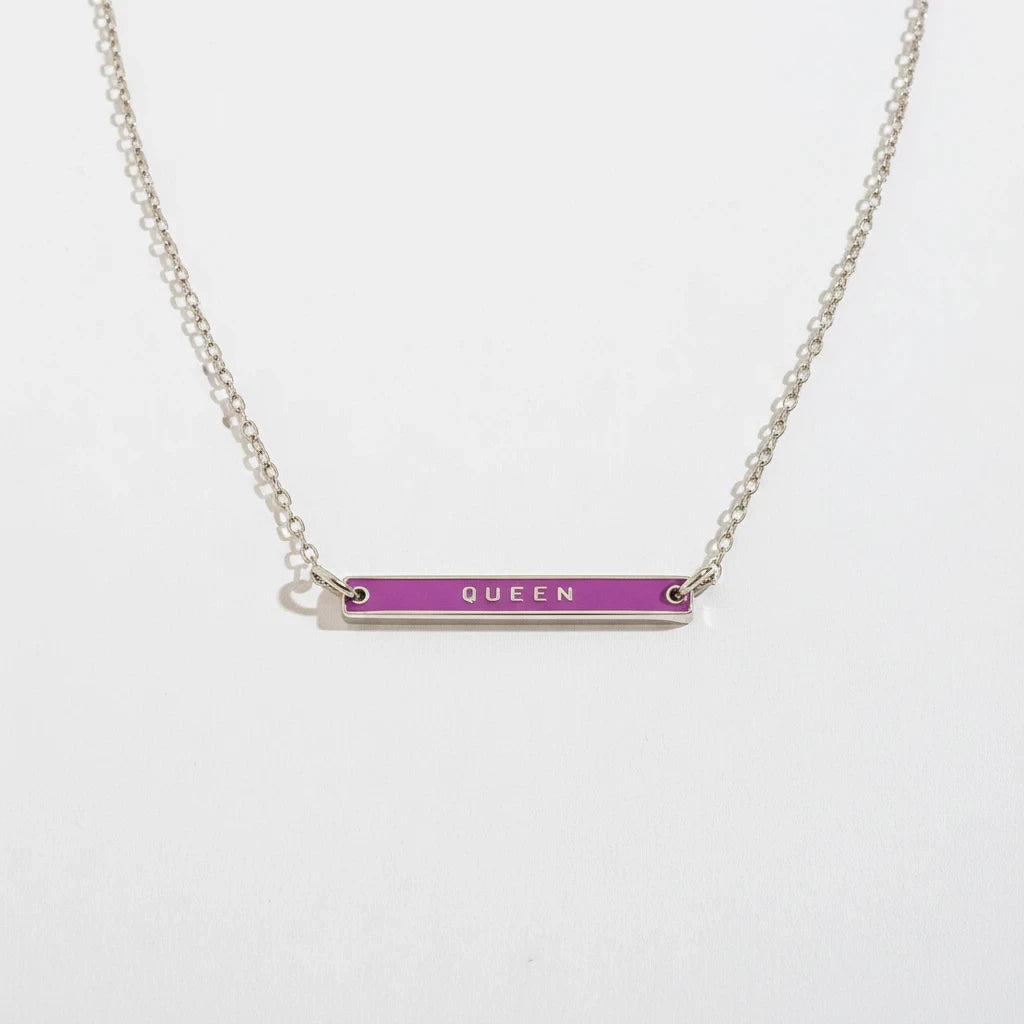 FULL MOOD Queen pendant necklace featuring a purple enamel vertical bar on a silver chain