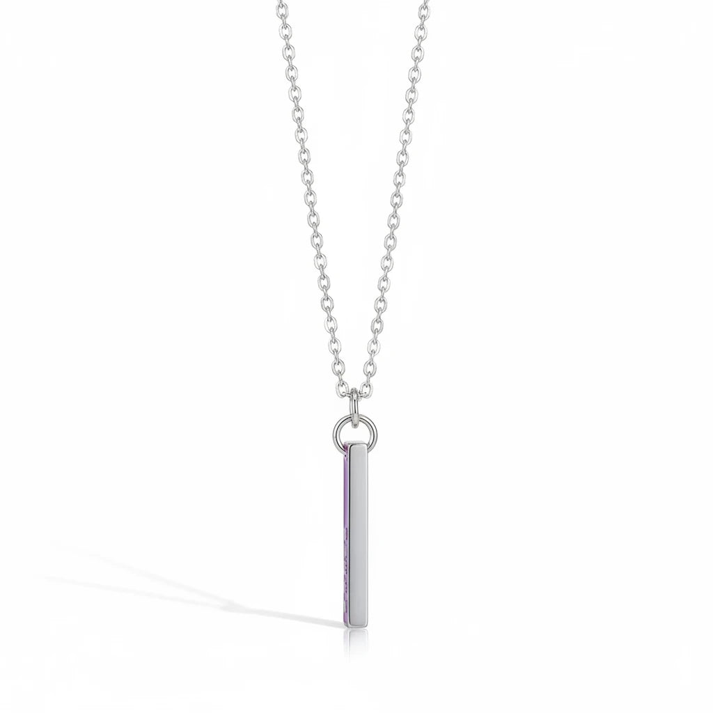 FULL MOOD Queen pendant necklace featuring a silver vertical bar with purple accents on an 18-inch chain