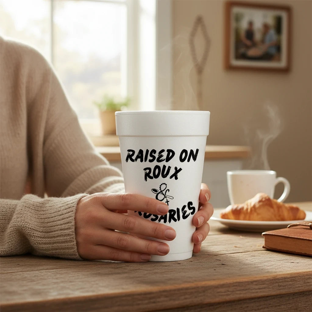 FULL MOOD 20oz white styrofoam cup with Raised on Roux & Rosaries text held by hands on a wooden table.