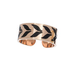 FULL MOOD hypoallergenic stainless steel chevron ring in rose gold with black leaf pattern and adjustable open back.