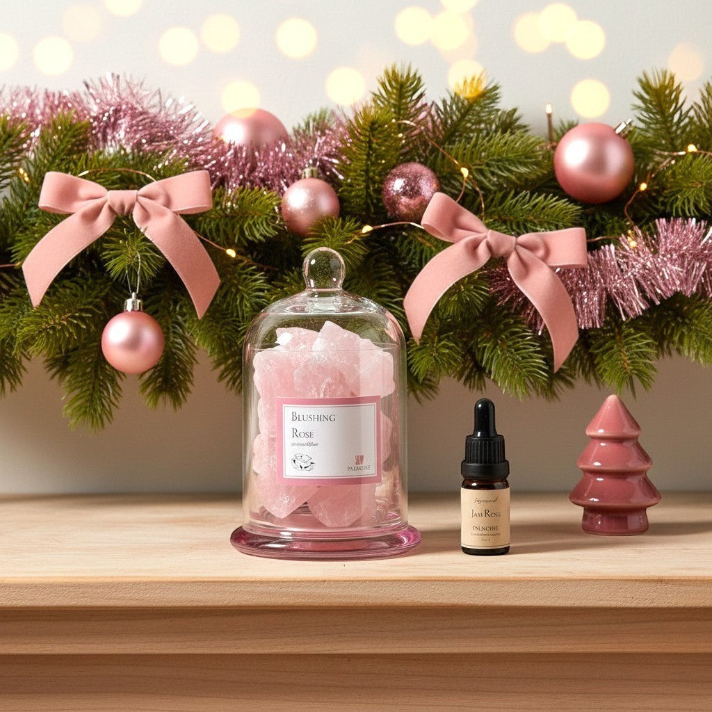 FULL MOOD Blushing Rosé gemstone diffuser with rose quartz crystals in a glass cloche and Jam Rose fragrance oil.