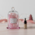 FULL MOOD Blushing Rosé gemstone diffuser with rose quartz crystals in a glass cloche and Jam Rose fragrance oil.