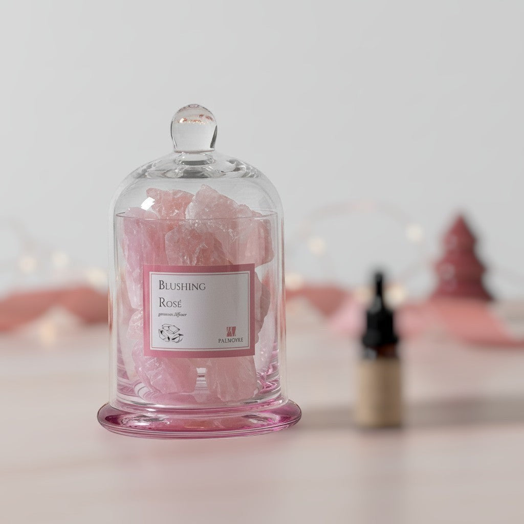 FULL MOOD Blushing Rosé gemstone diffuser with rose quartz crystals in a glass cloche and Jam Rose fragrance oil.