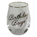 FULL MOOD stemless wine glass with gold rim and Birthday Booze script in shimmering gold finish