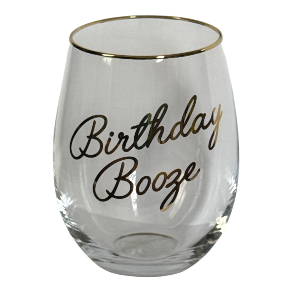 FULL MOOD stemless wine glass with gold rim and Birthday Booze script in shimmering gold finish