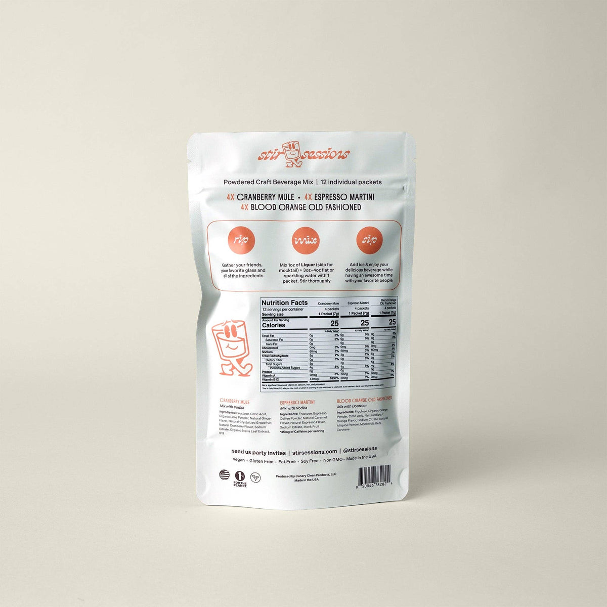 FULL MOOD Stir Sessions cocktail mixer variety pack featuring 12 individual powder packets for easy drink preparation.