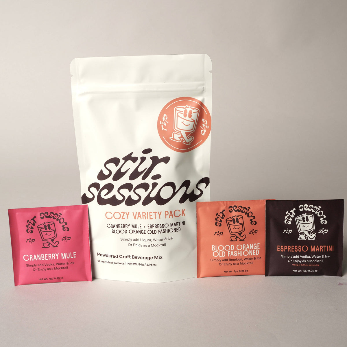 FULL MOOD Stir Sessions Cozy Cocktail Variety Pack with 12 individual drink mix packets in three winter flavors.