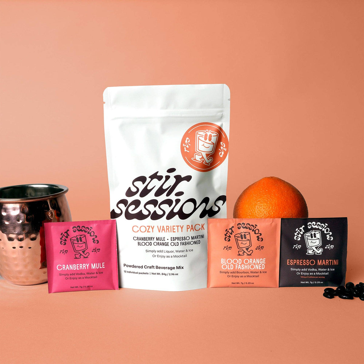 FULL MOOD Stir Sessions 12 pack cocktail variety mix with Cranberry Mule, Blood Orange Old Fashioned, and Espresso Martini