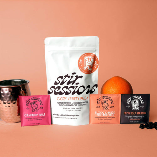 FULL MOOD Stir Sessions 12 pack cocktail variety mix with Cranberry Mule, Blood Orange Old Fashioned, and Espresso Martini