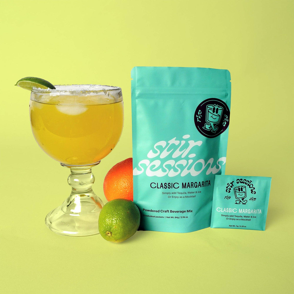 FULL MOOD Stir Sessions Classic Margarita powder mix pouch and packet with a prepared cocktail on a lime green background
