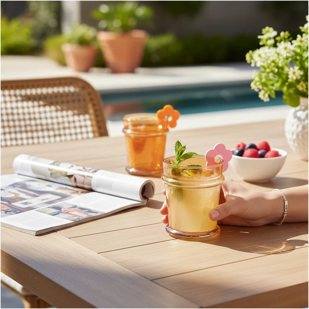 FULL MOOD tangerine luster glass with iridescent shimmer on a patio table with a flower drink marker
