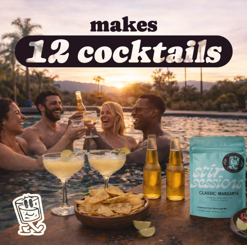 FULL MOOD Stir Sessions cocktail mix packet next to margaritas and chips by a pool with friends at sunset