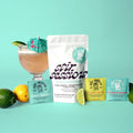 FULL MOOD Stir Sessions tequila cocktail variety pack with margarita and paloma powder packets and a mixed drink.