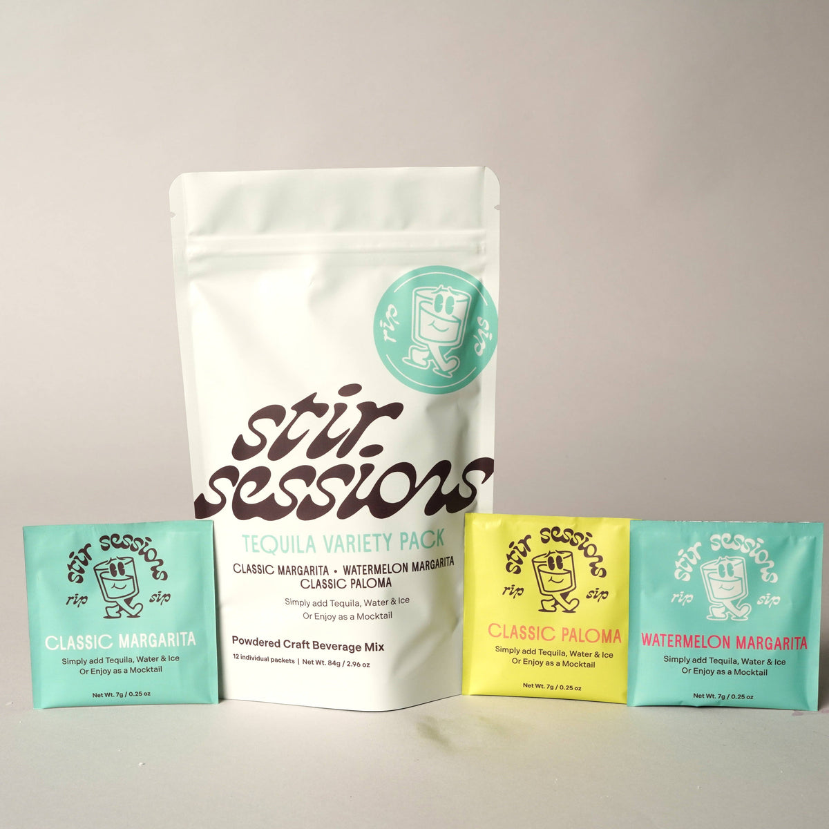 FULL MOOD Stir Sessions tequila cocktail variety pack with a large pouch and three individual flavor packets.