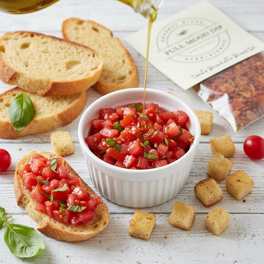 FULL MOOD tomato bruschetta seasoning dip mix being drizzled with olive oil, served with toasted bread and fresh basil