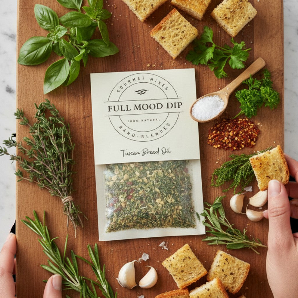 FULL MOOD Tuscan seasoning dip mix packet surrounded by fresh herbs, garlic, and toasted bread on a wooden board.