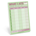 FULL MOOD What I Ate large sticky pad with a green and pink weekly meal tracking grid and hydration checkboxes.