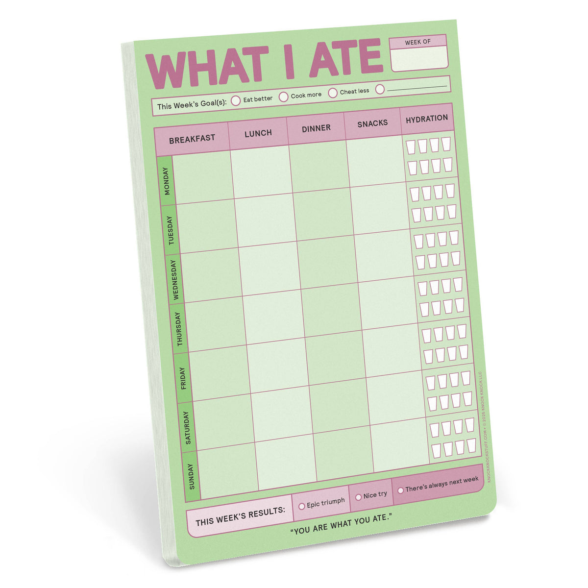 FULL MOOD What I Ate large sticky pad with a green and pink weekly meal tracking grid and hydration checkboxes.