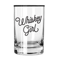 FULL MOOD 13oz clear glass rocks tumbler featuring Whiskey Girl text in black script for whiskey lovers